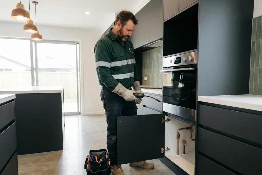 A male gasfitter checks the gas connection beneath a newly installed wall oven in a modern kitchen. He completes safety tests before the homeowners replace gas oven appliances and begin using the new unit.