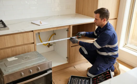 A male gasfitter kneels beside an empty kitchen oven cavity as he measures the space and checks the gas connection. The scene shows the careful preparation required before you replace gas oven appliances in a modern Brisbane home.