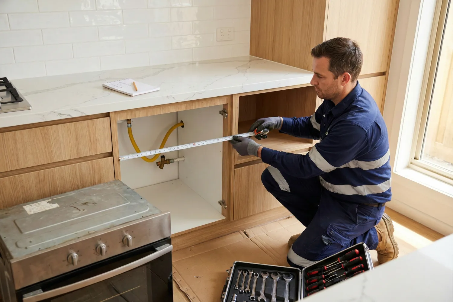 A male gasfitter kneels beside an empty kitchen oven cavity as he measures the space and checks the gas connection. The scene shows the careful preparation required before you replace gas oven appliances in a modern Brisbane home.
